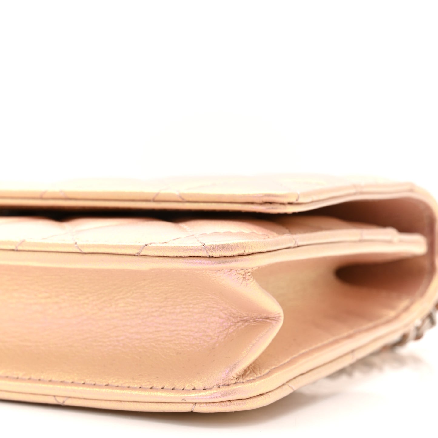 Iridescent Calfskin Quilted Wallet On Chain WOC Pink