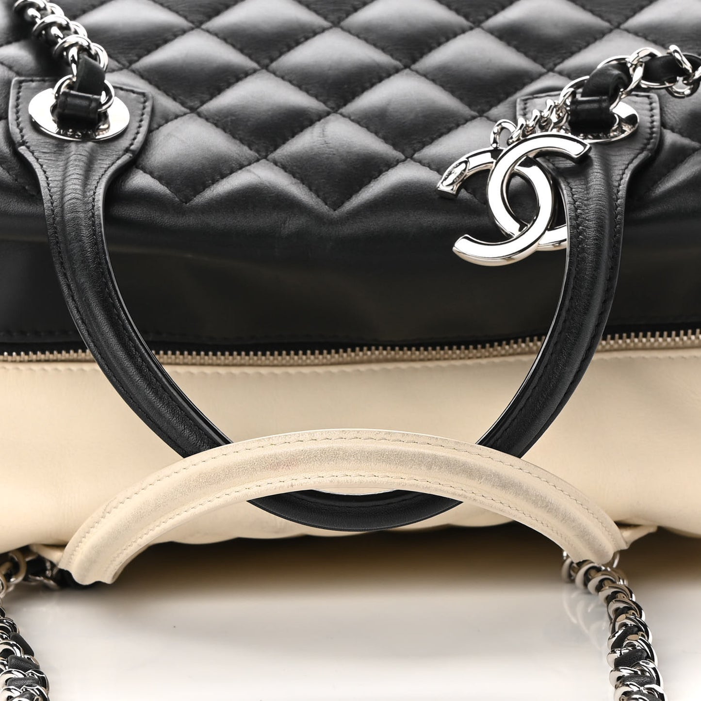 Calfskin Quilted Large Feather Weight Bowling Bag Black Ivory