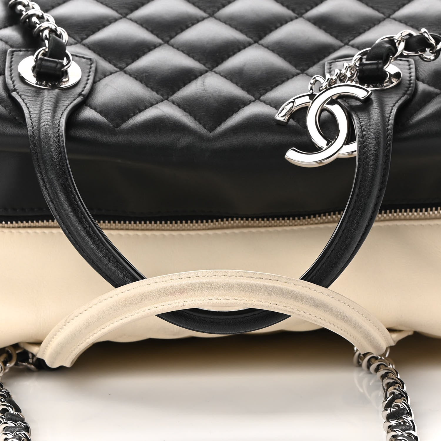 Chanel Calfskin Quilted Large Feather Weight Bowling Bag Black Ivory 11 of 12