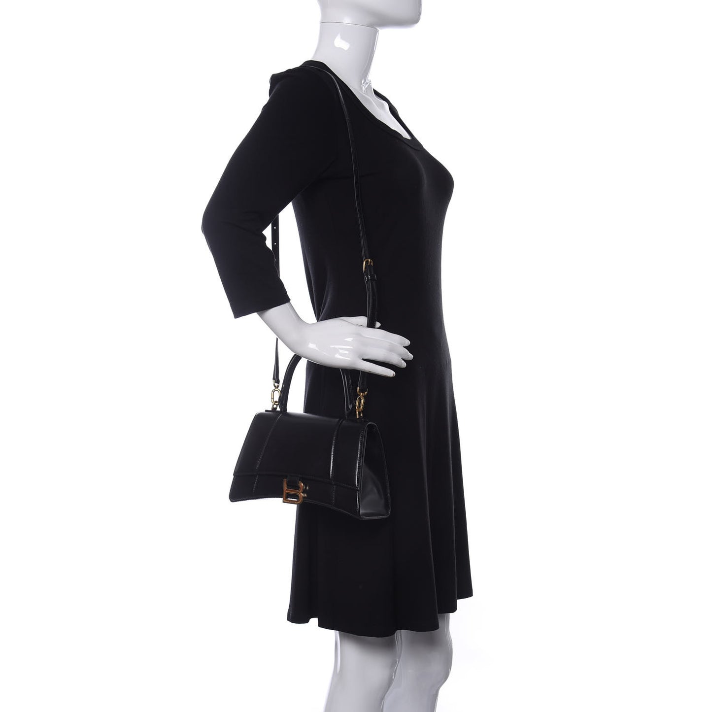 Shiny Box Calfskin Small Hourglass Top Handle Bag Black