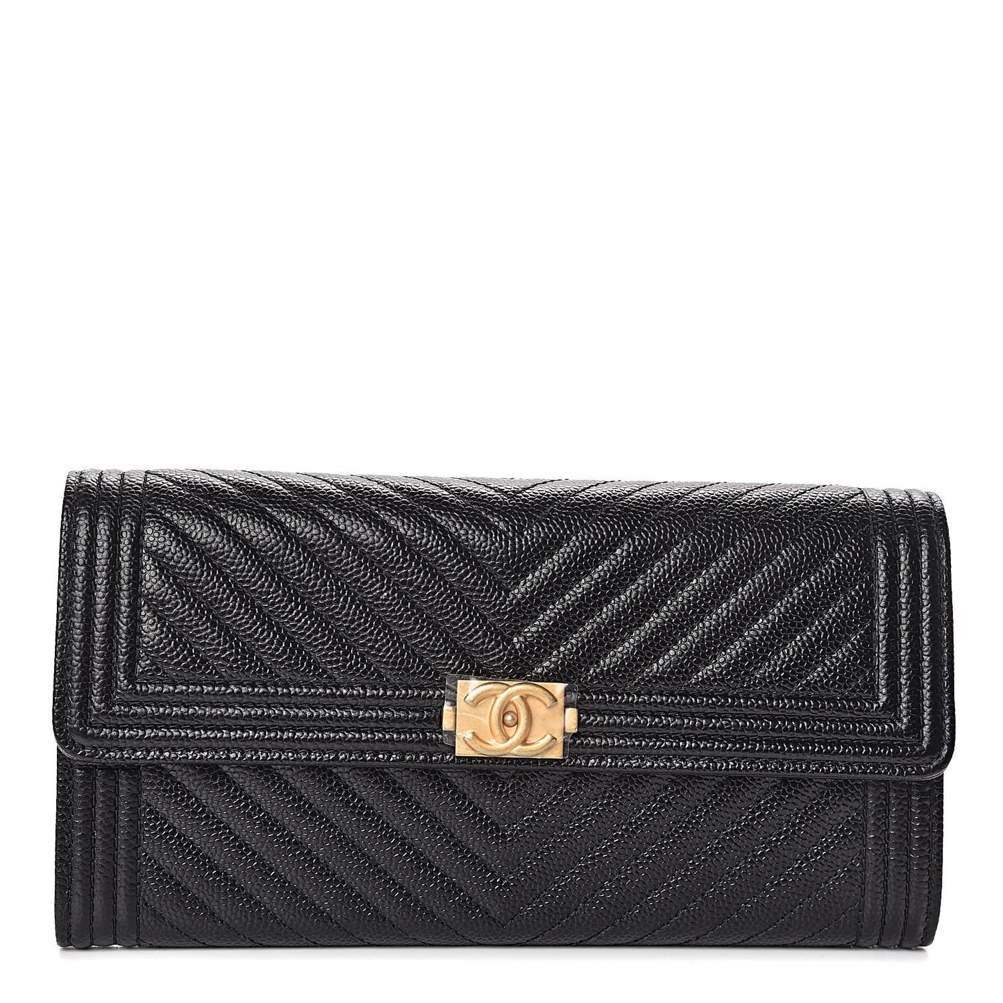 Caviar Chevron Quilted Boy Flap Wallet Black