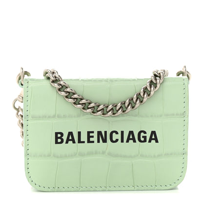 Balenciaga Shiny Calfskin Logo Crocodile Embossed Logo Mini Cash Wallet On Chain Light Green Black 1 of 14