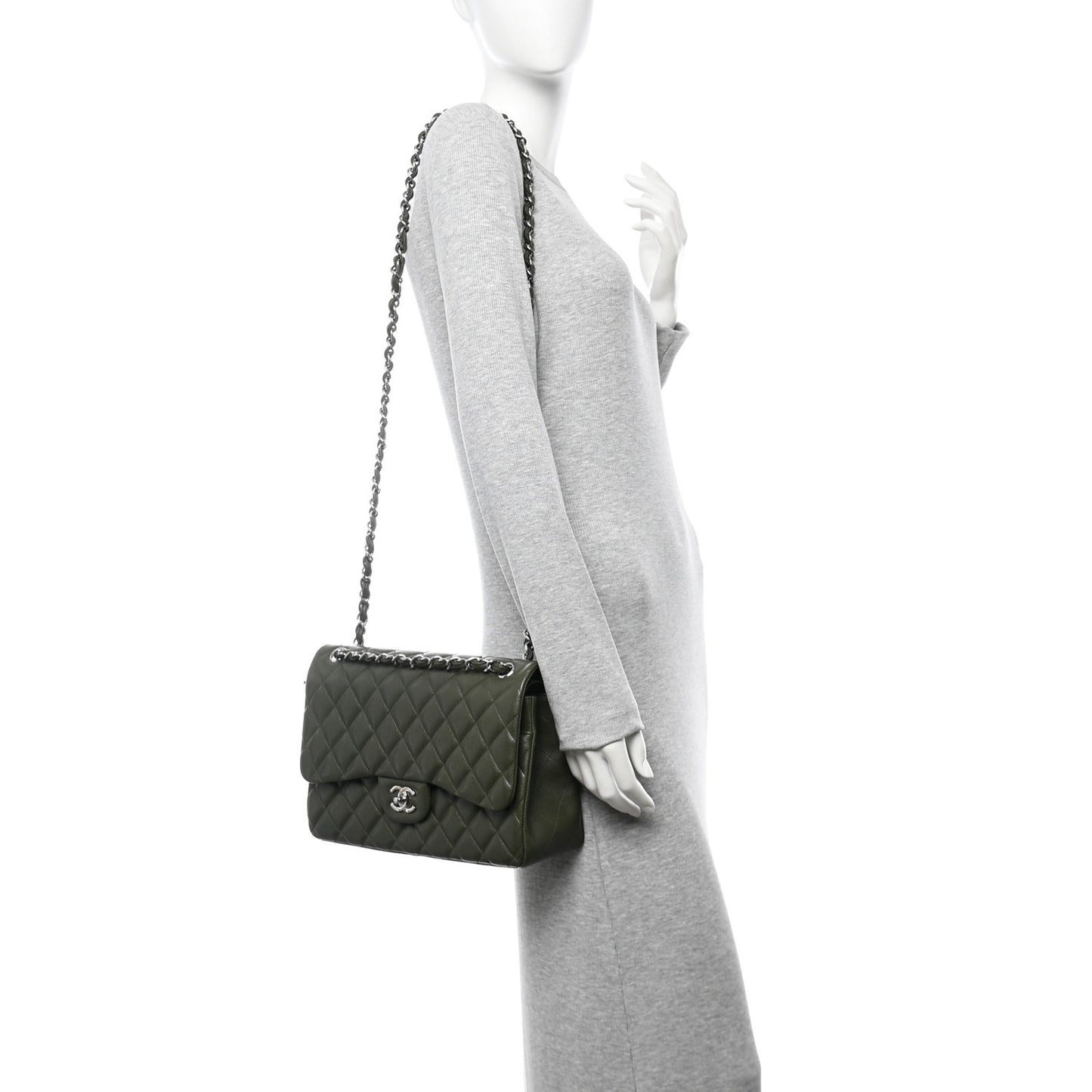 Caviar Quilted Jumbo Double Flap Vert Fonce