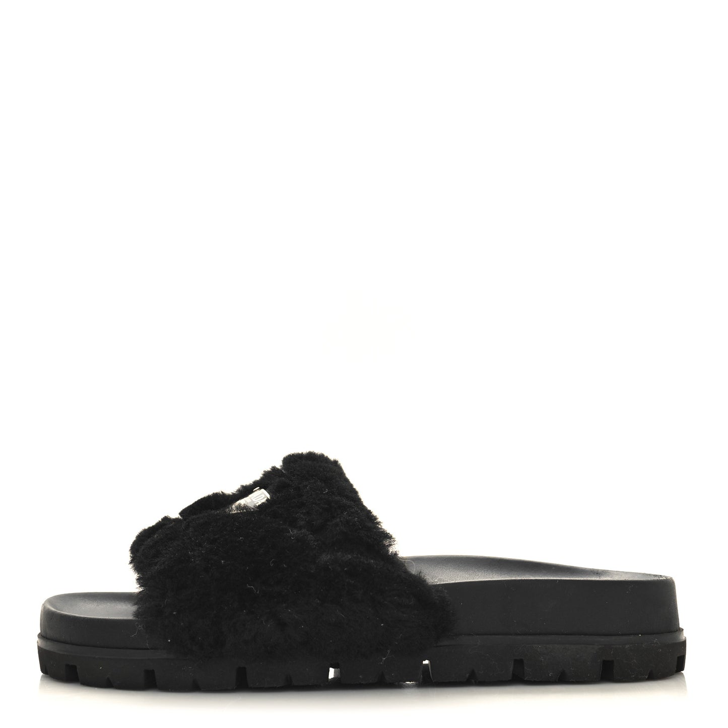 Shearling Metal Triangle Logo Lug Sole 20mm Slide Sandals 35 Black
