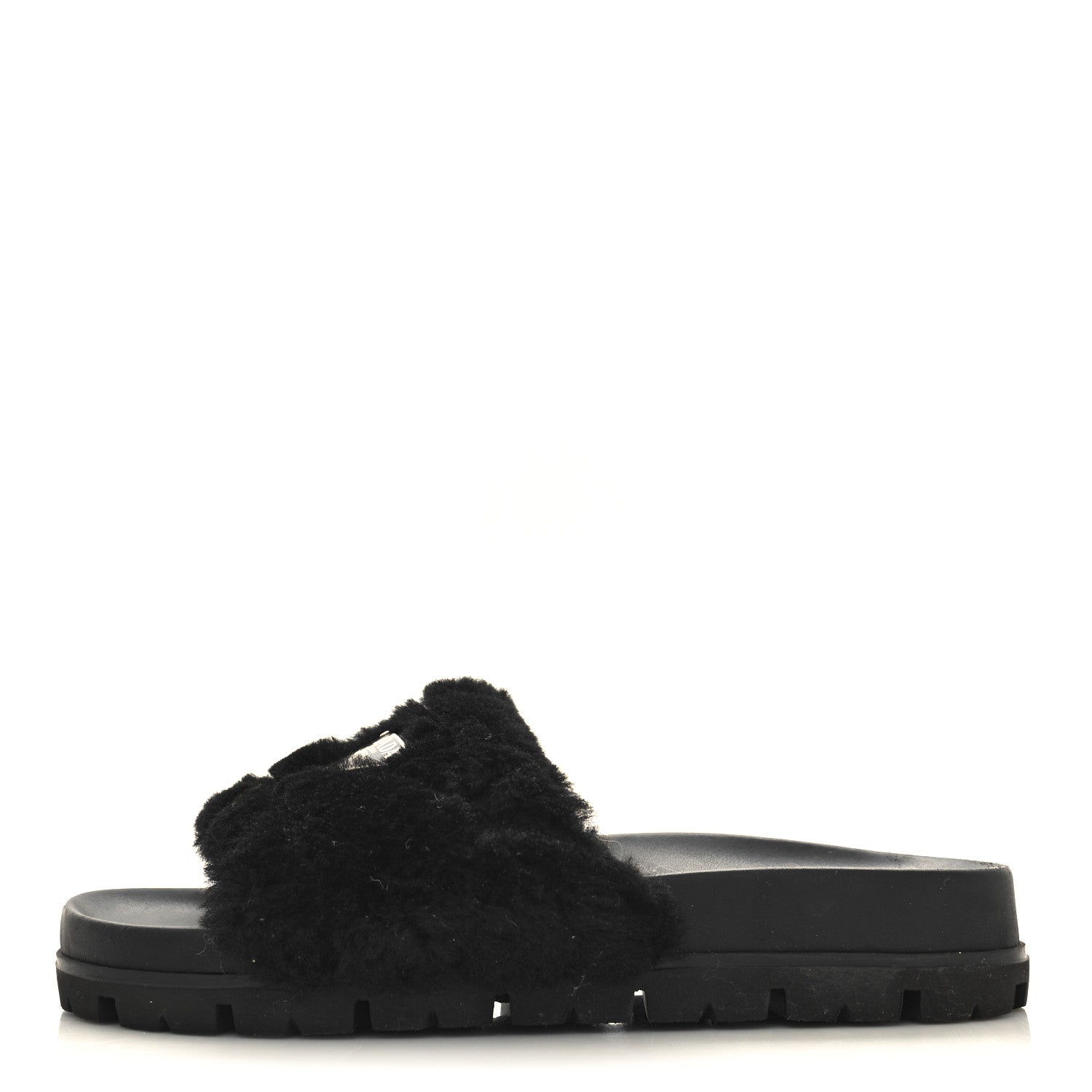 Prada Shearling Metal Triangle Logo Lug Sole 20mm Slide Sandals 35 Black 1 of 8