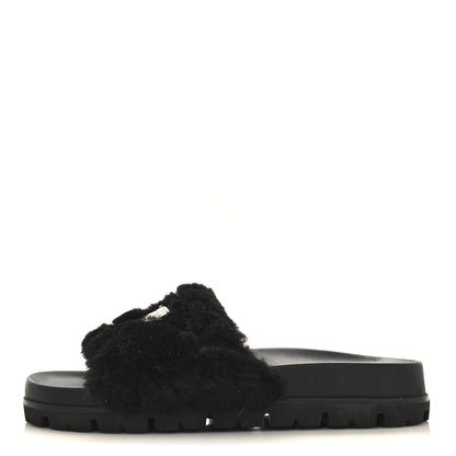 Prada Shearling Metal Triangle Logo Lug Sole 20mm Slide Sandals 35 Black 1 of 8