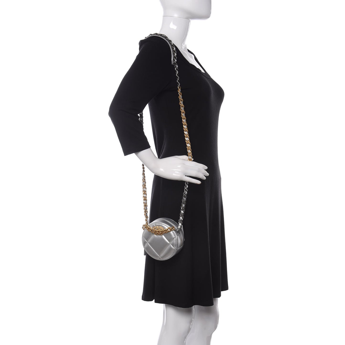 Metallic Lambskin Quilted Chanel 19 Round Clutch With Chain Silver
