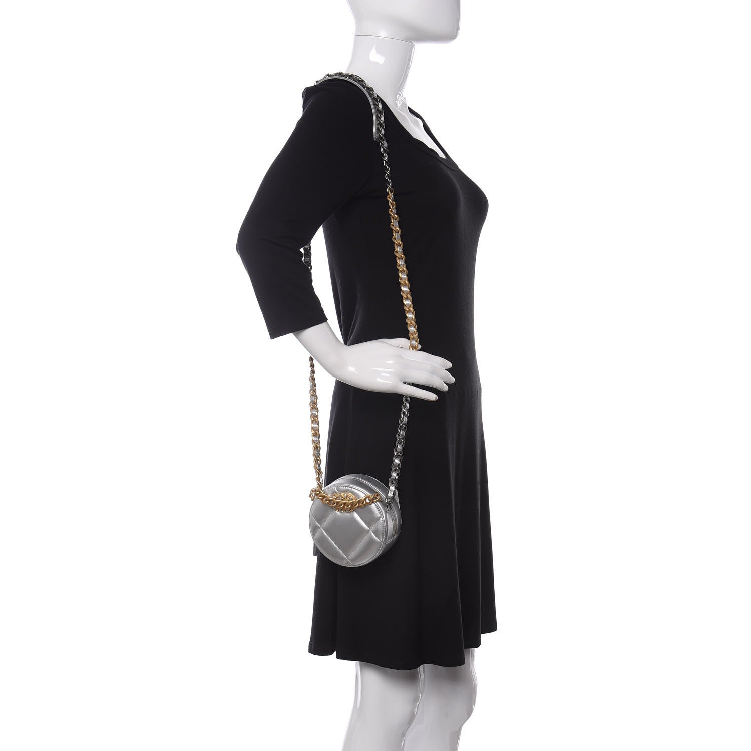 Chanel Metallic Lambskin Quilted Chanel 19 Round Clutch With Chain Silver 2 of 11