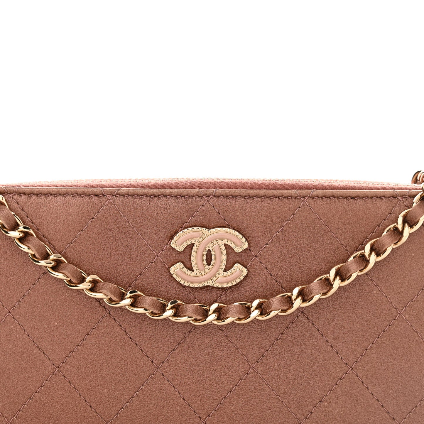 Metallic Goatskin Enamel Quilted Small Clutch With Chain Brown