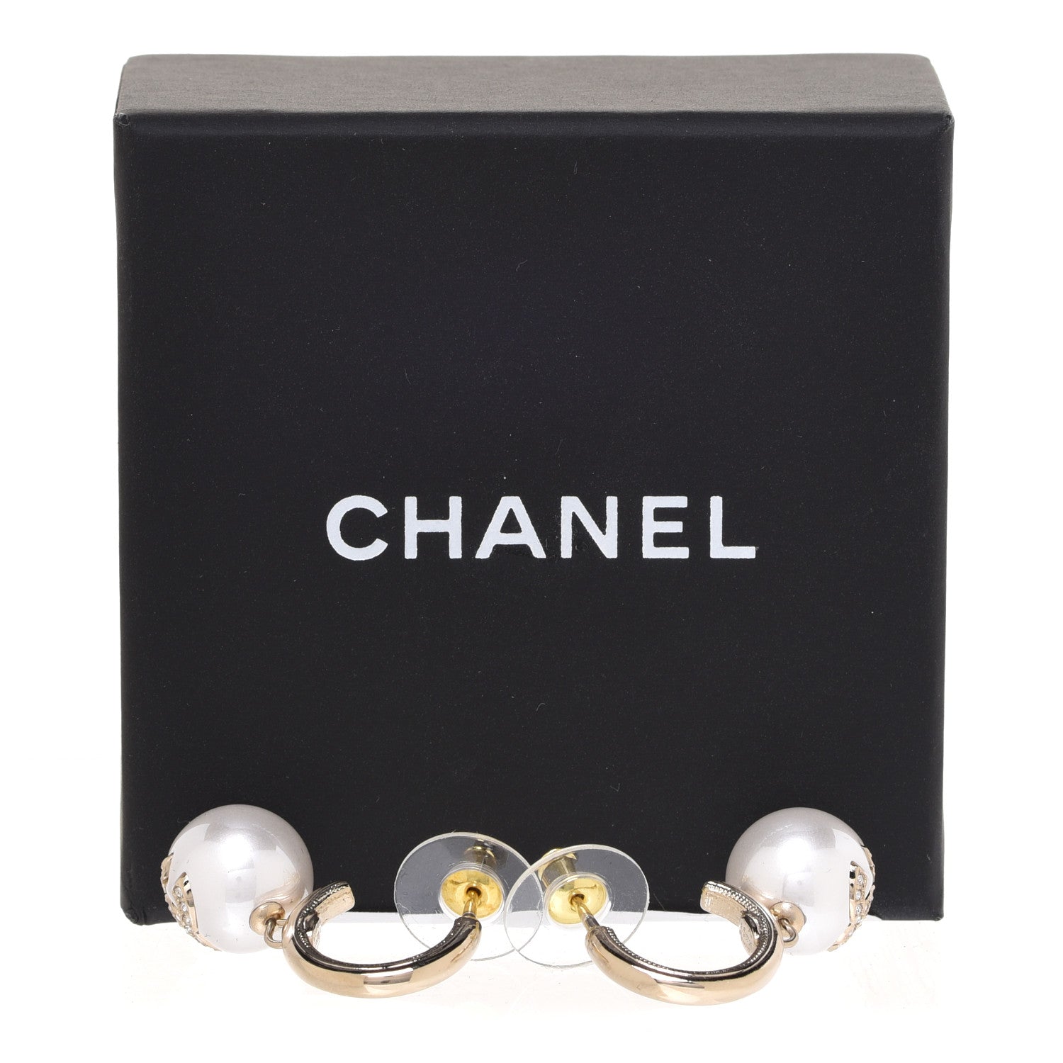 Chanel Pearl Crystal CC Drop Earrings Gold Pearly White 5 of 5