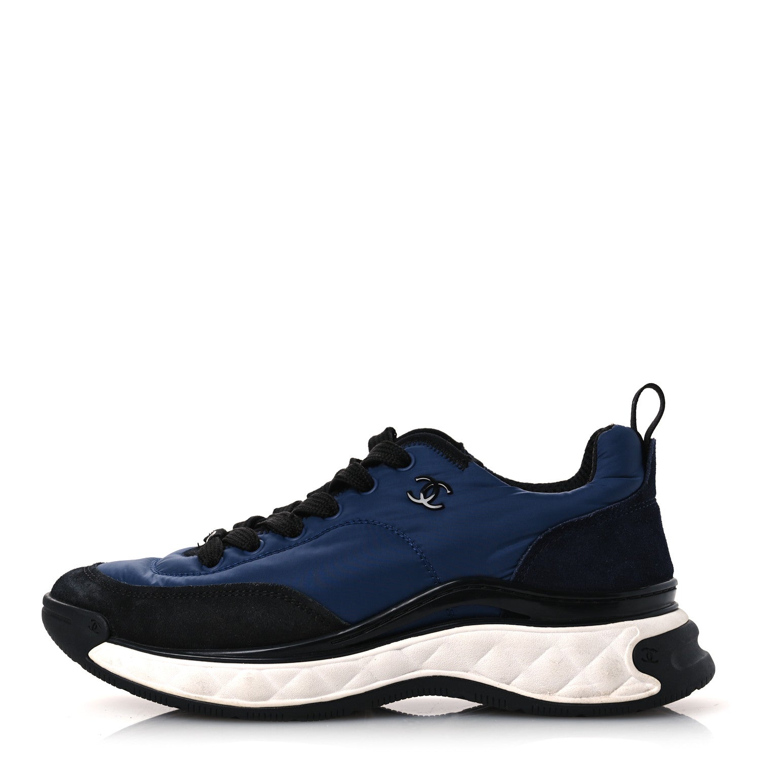 Chanel Nylon Suede Calfskin Womens Logo Sneakers 36 Dark Navy Blue 39 Dark Navy Blue 1 of 12