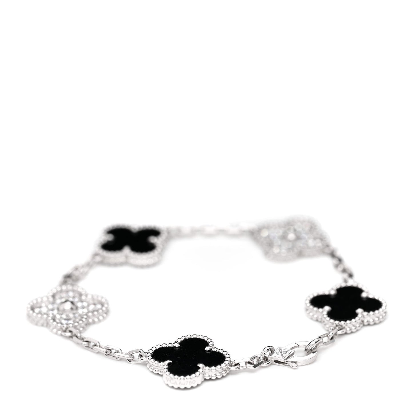 18K White Gold Diamond Black Onyx 5 Motifs Vintage Alhambra Bracelet