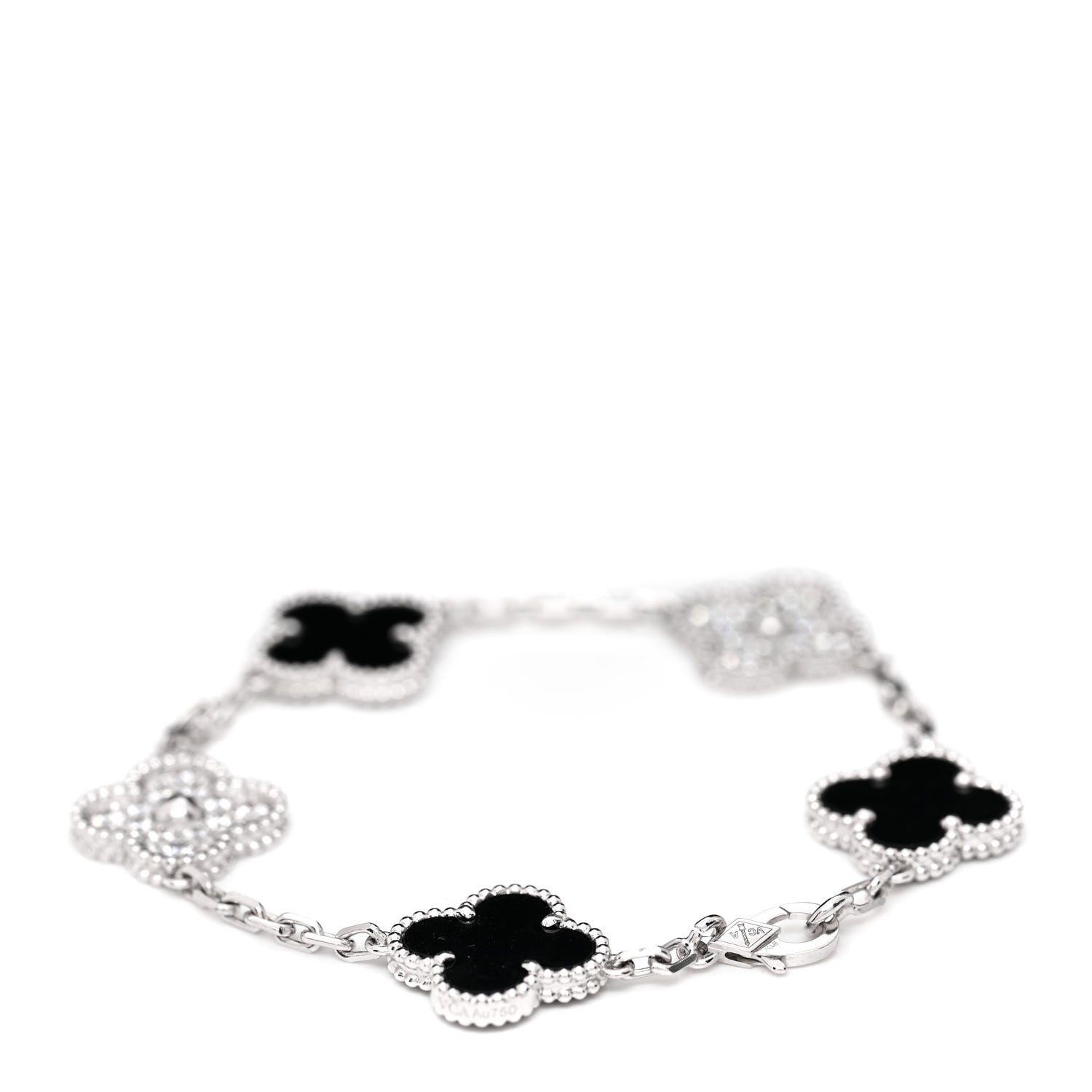 Van Cleef & Arpels 18K White Gold Diamond Black Onyx 5 Motifs Vintage Alhambra Bracelet 3 of 6