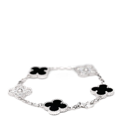 Van Cleef & Arpels 18K White Gold Diamond Black Onyx 5 Motifs Vintage Alhambra Bracelet 3 of 6
