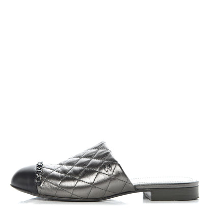 Chanel Iridescent Lambskin Quilted CC Chain Mules 35 Silver Black 1 of 13