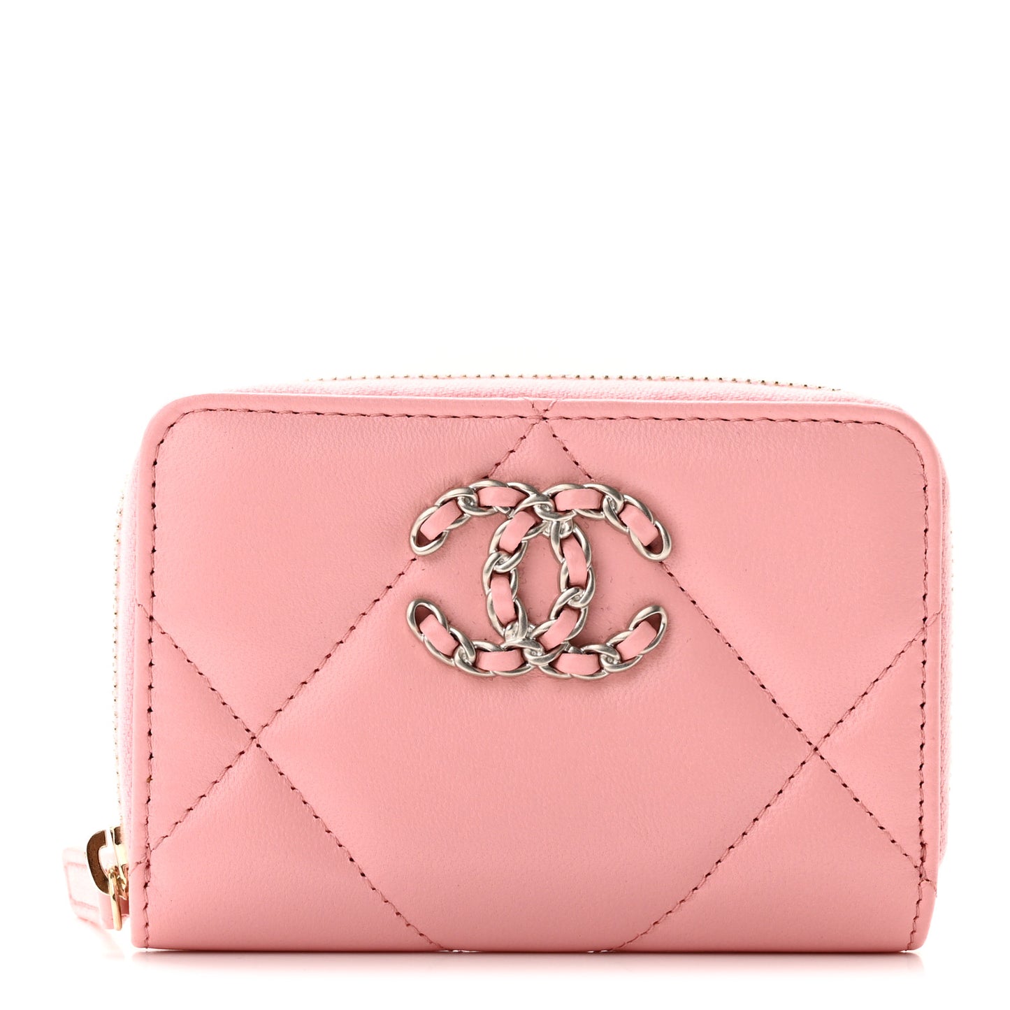 Lambskin Quilted Chanel 19 Zip Around Coin Purse Wallet Light Pink