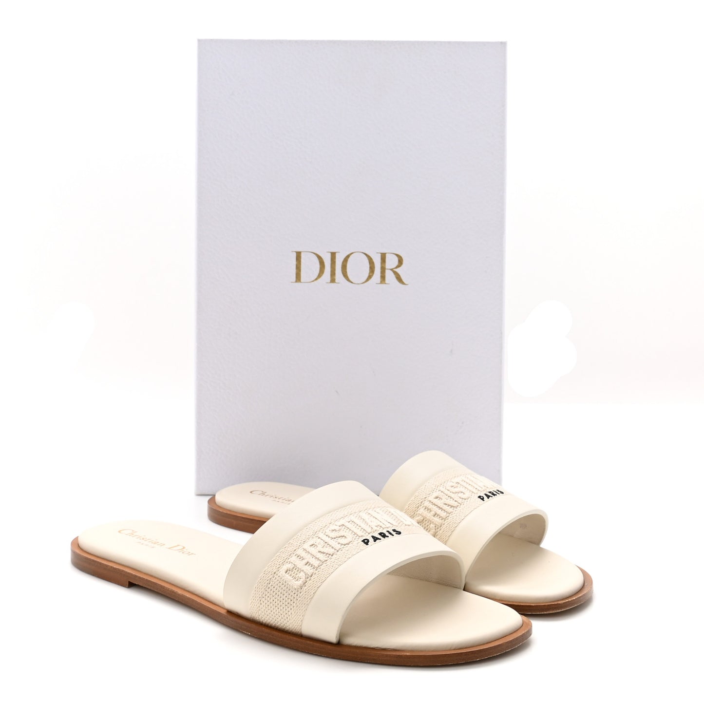 Calfskin Canvas Embroidered Dway Flat Slide Sandals 40 Off White