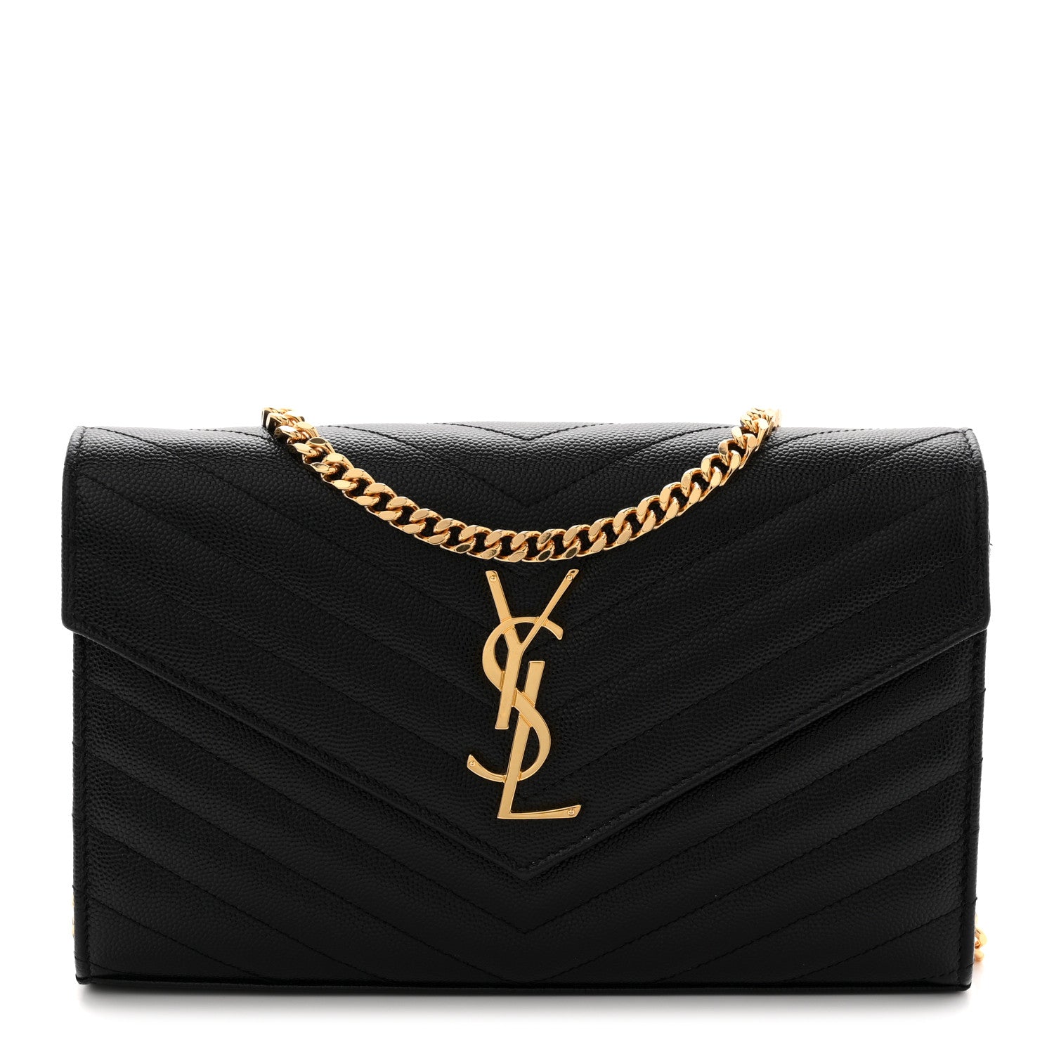 Saint Laurent Grain De Poudre Matelasse Chevron Monogram Chain Wallet Black 1 of 11