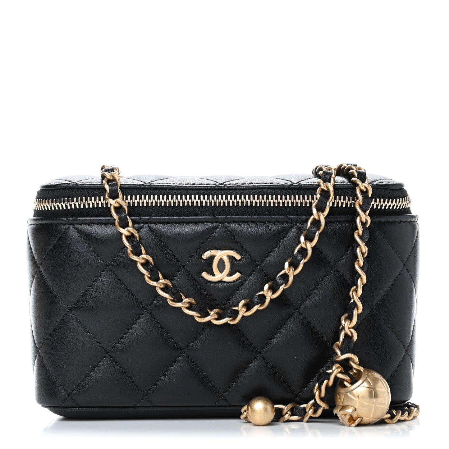 Lambskin Quilted Pearl Crush Small Vanity Case With Chain Black