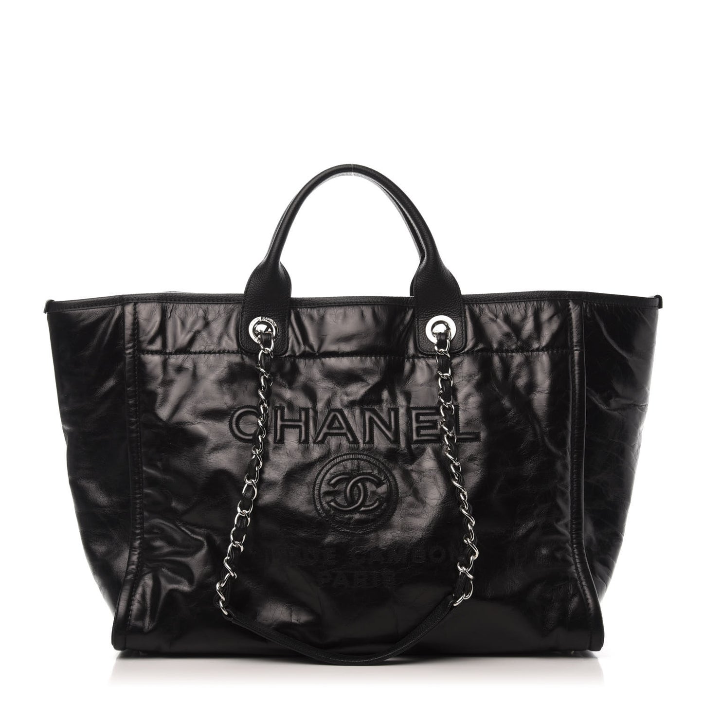 Glazed Calfskin Medium Deauville Tote Black
