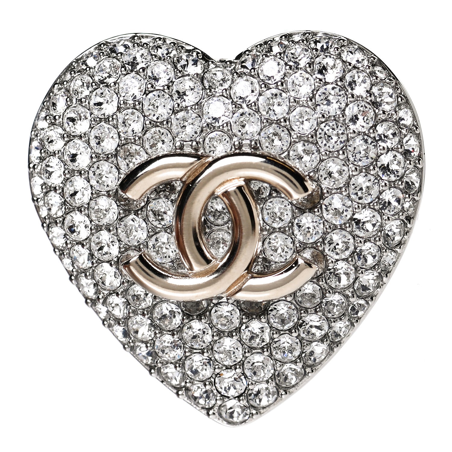 Chanel Crystal CC Heart Brooch Silver Gold 1 of 3