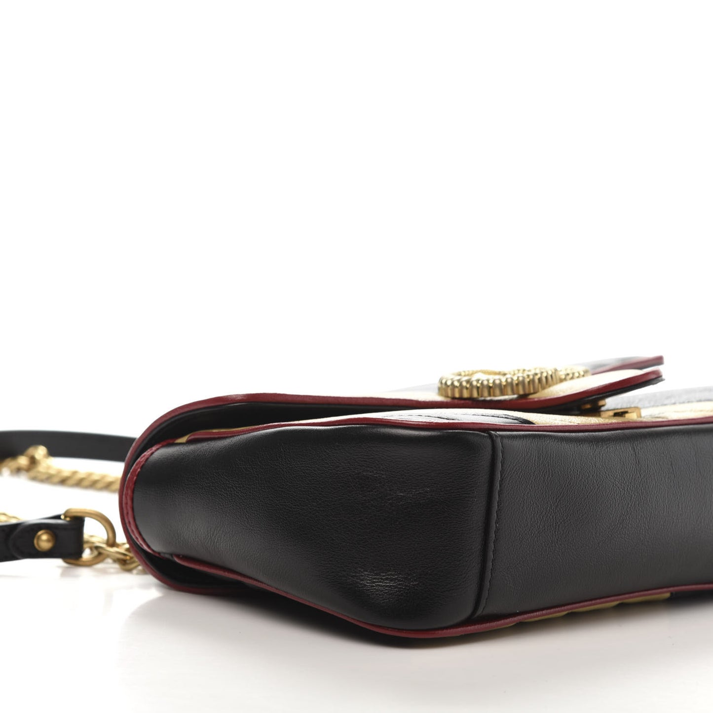 Vintage Effect Calfskin Matelasse Diagonal Striped Small Torchon GG Marmont Shoulder Bag Black Beige