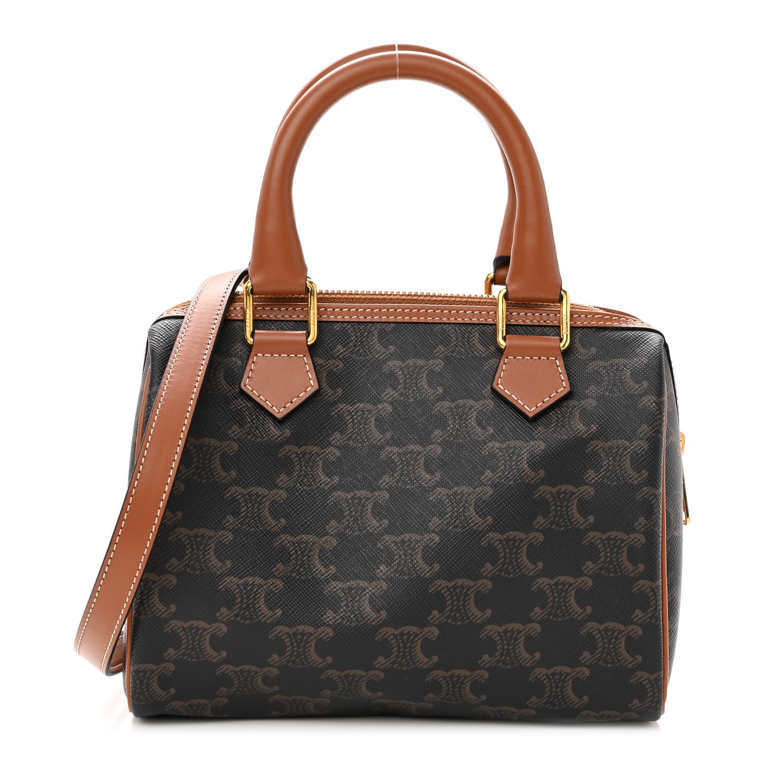 Celine Triomphe Canvas Calfskin Small Boston Bag Tan 1 of 11