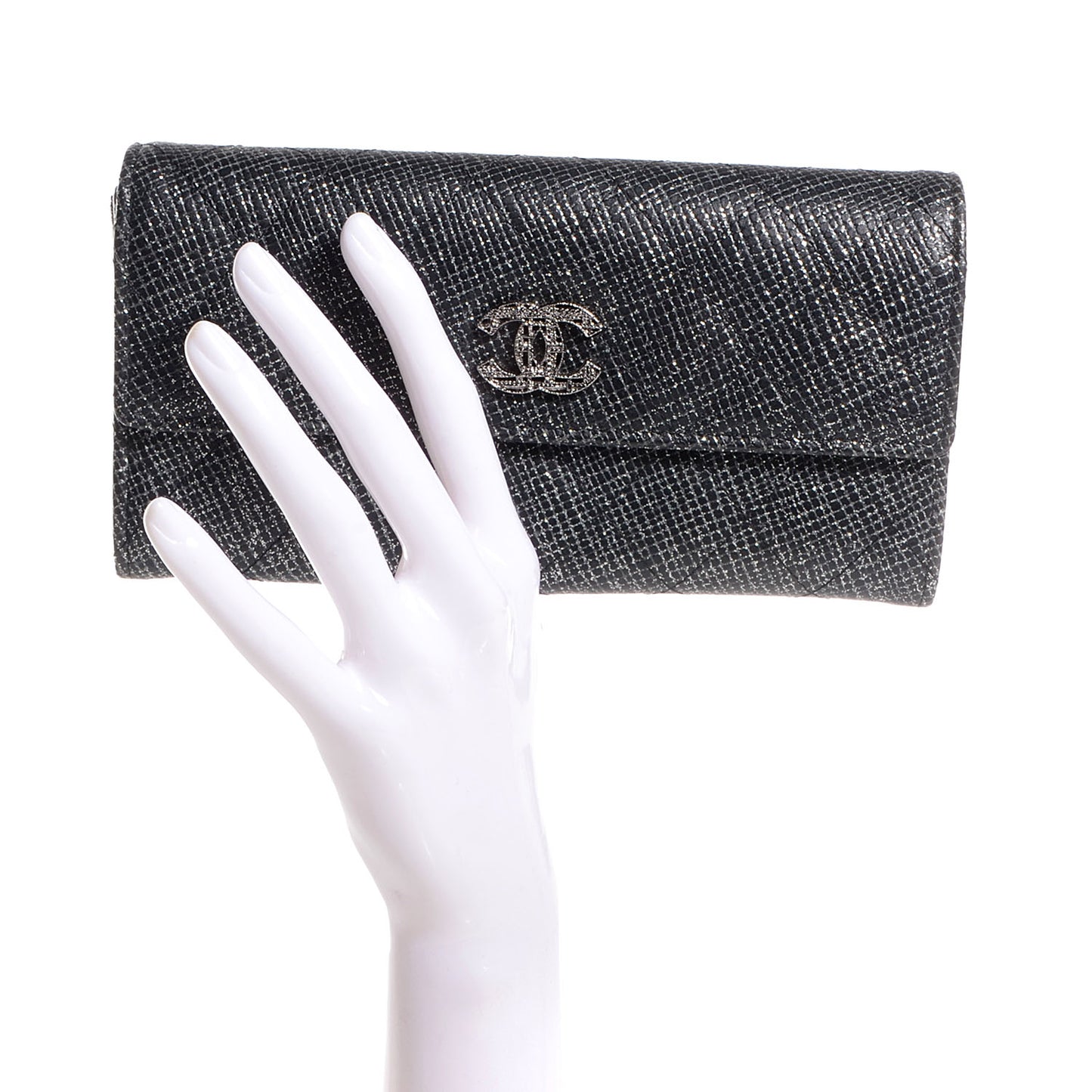 Glittered Calfskin Quilted Long Flap Wallet Black