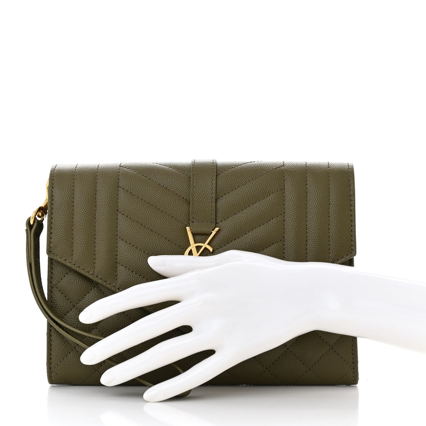Grain De Poudre Textured Mixed Matelasse Triquilt Monogram Clutch Vert Kaki
