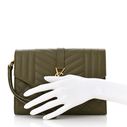 Saint Laurent Grain De Poudre Textured Mixed Matelasse Triquilt Monogram Clutch Vert Kaki 2 of 13