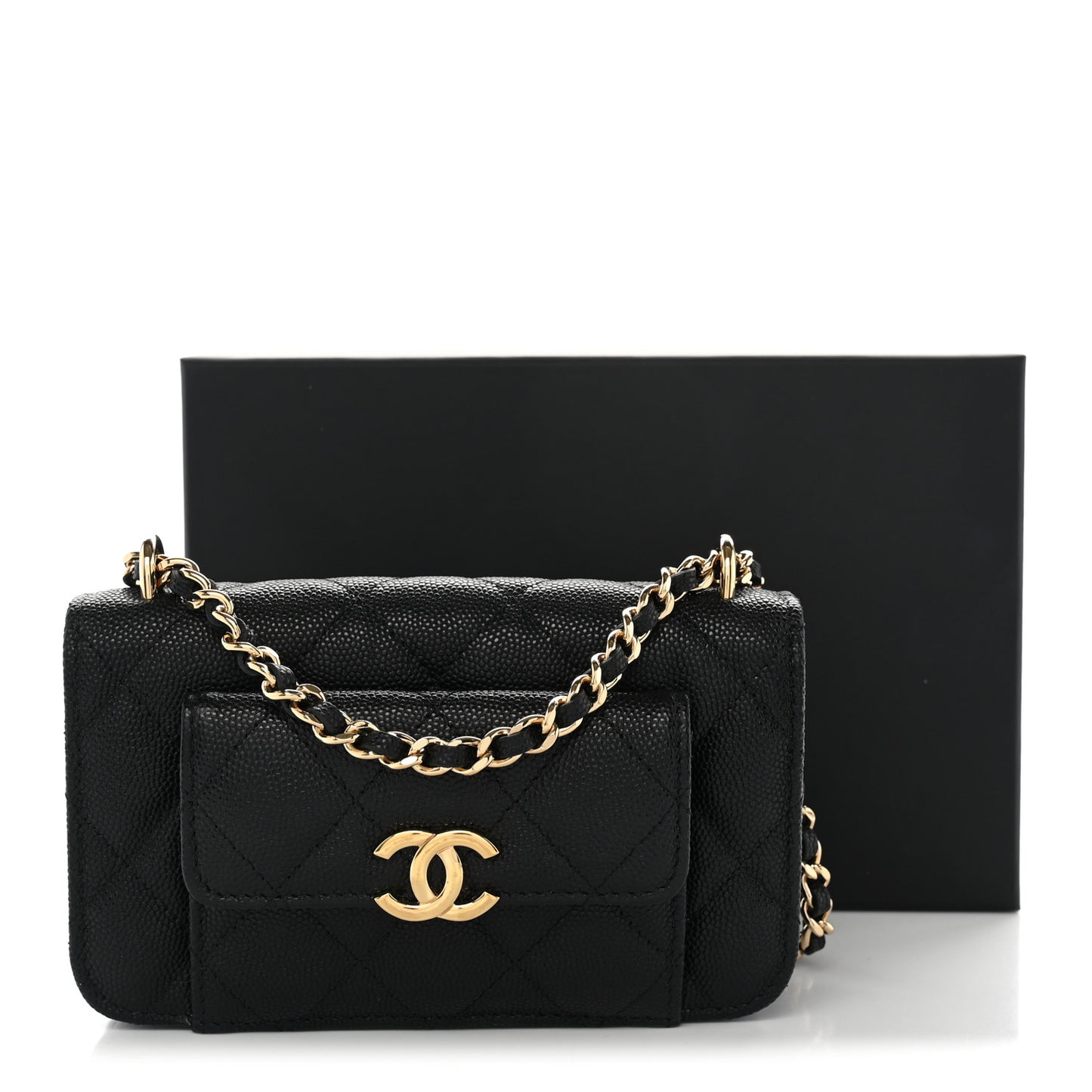Caviar Quilted Pocket Twins Clutch With Chain Black
