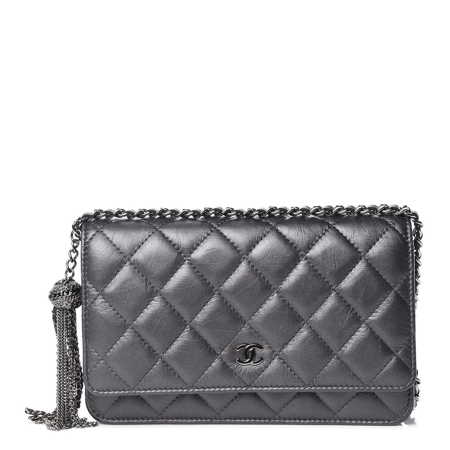 Aged Calfskin Quilted Tassel Wallet On Chain WOC Dark Silver
