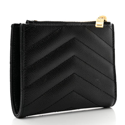 Saint Laurent Grain De Poudre Matelasse Chevron Monogram Zipped Card Case Black 3 of 8