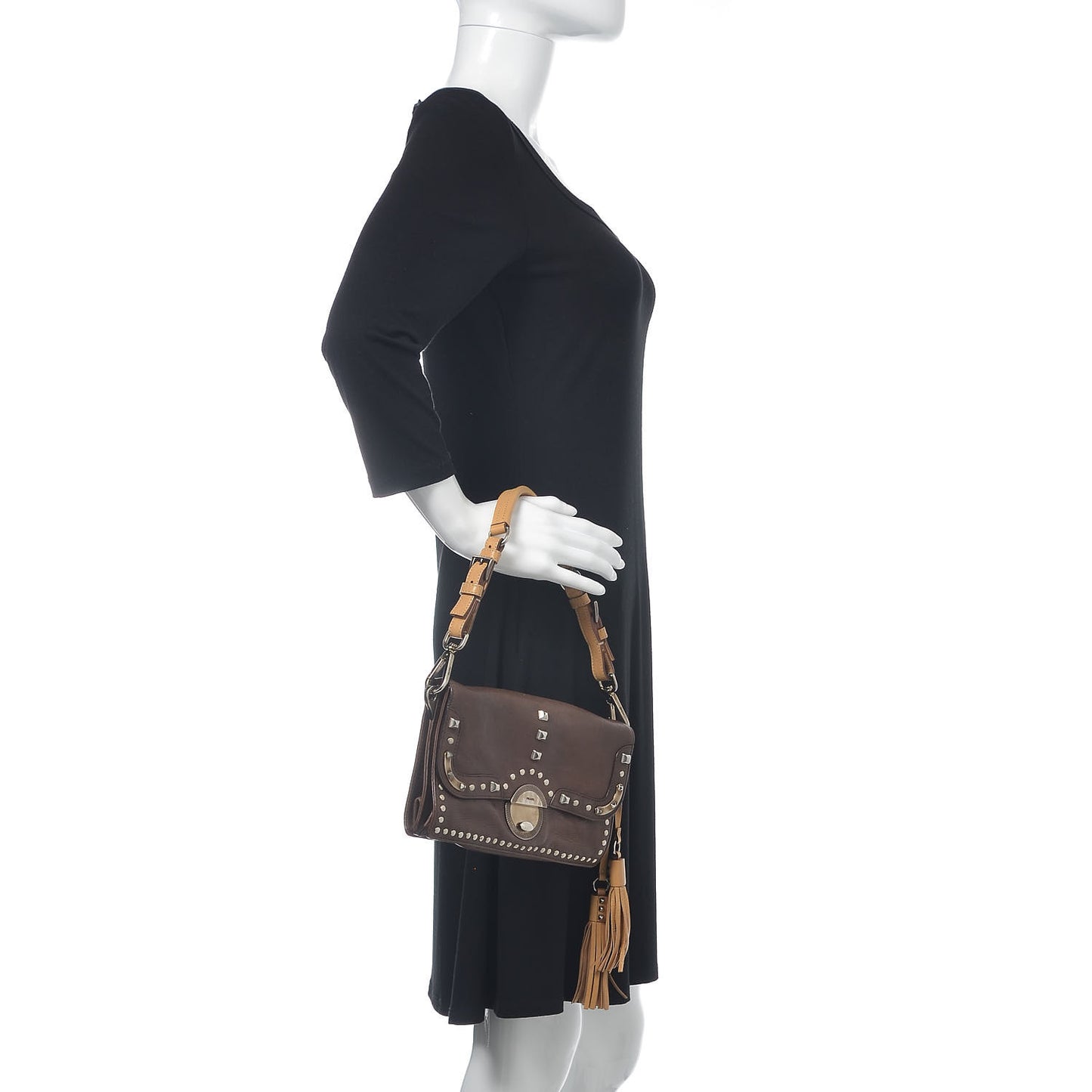 Glace Calfskin Studded Detachable Clutch Shoulder Bag Bruciato