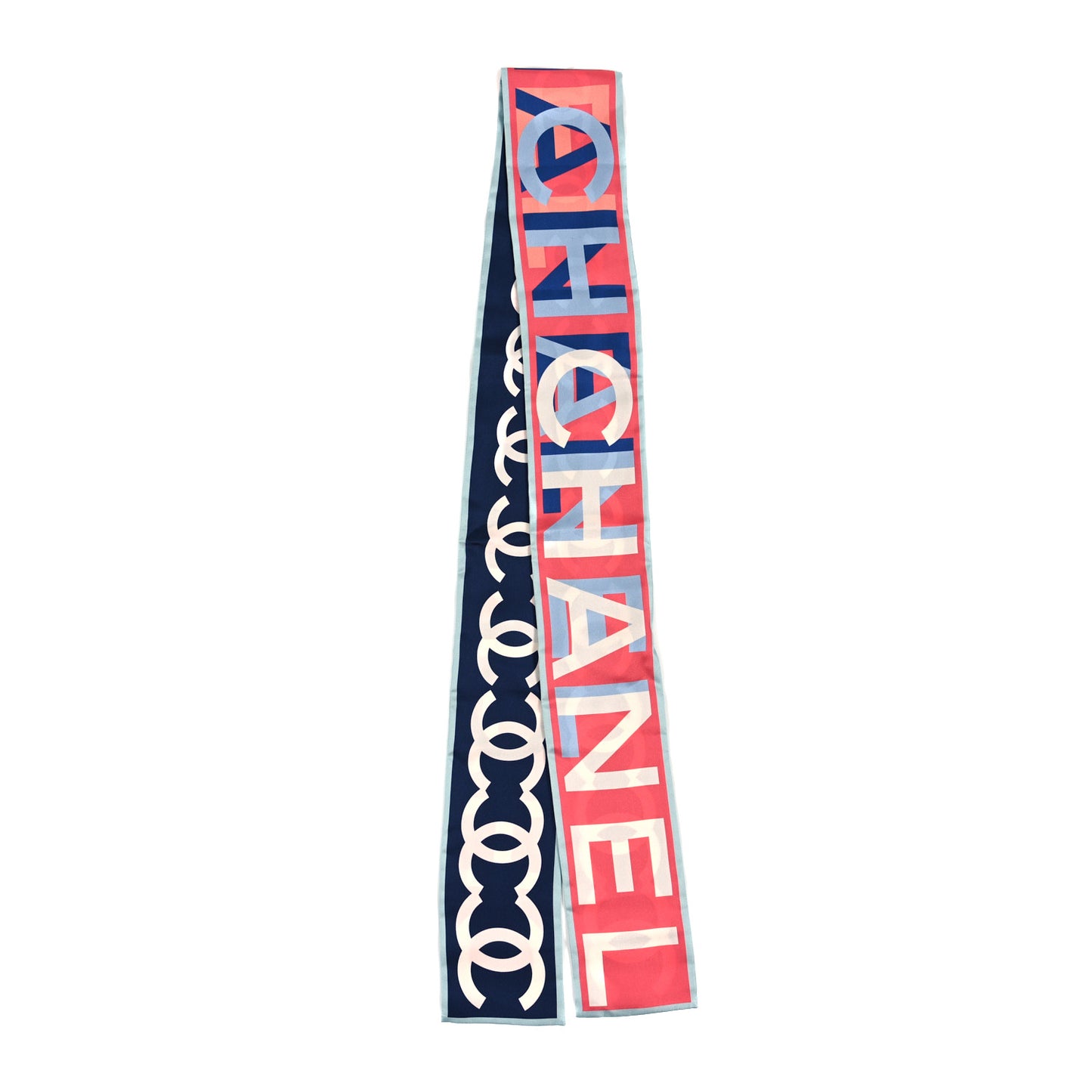 Silk Twill Slim Bandeau Scarf Coral Navy Blue