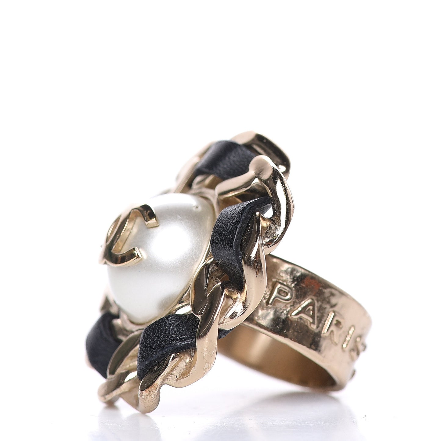 Pearl Lambskin CC Chain Ring 6 Gold