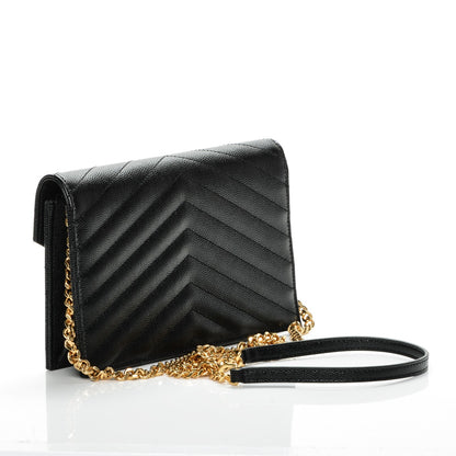 Saint Laurent Grain De Poudre Matelasse Chevron Monogram Envelope Chain Wallet Black 3 of 6