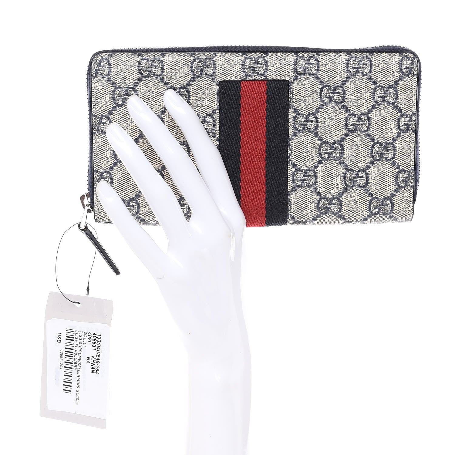 Gucci GG Supreme Monogram Web Zip Around Wallet Beige Blue 2 of 9
