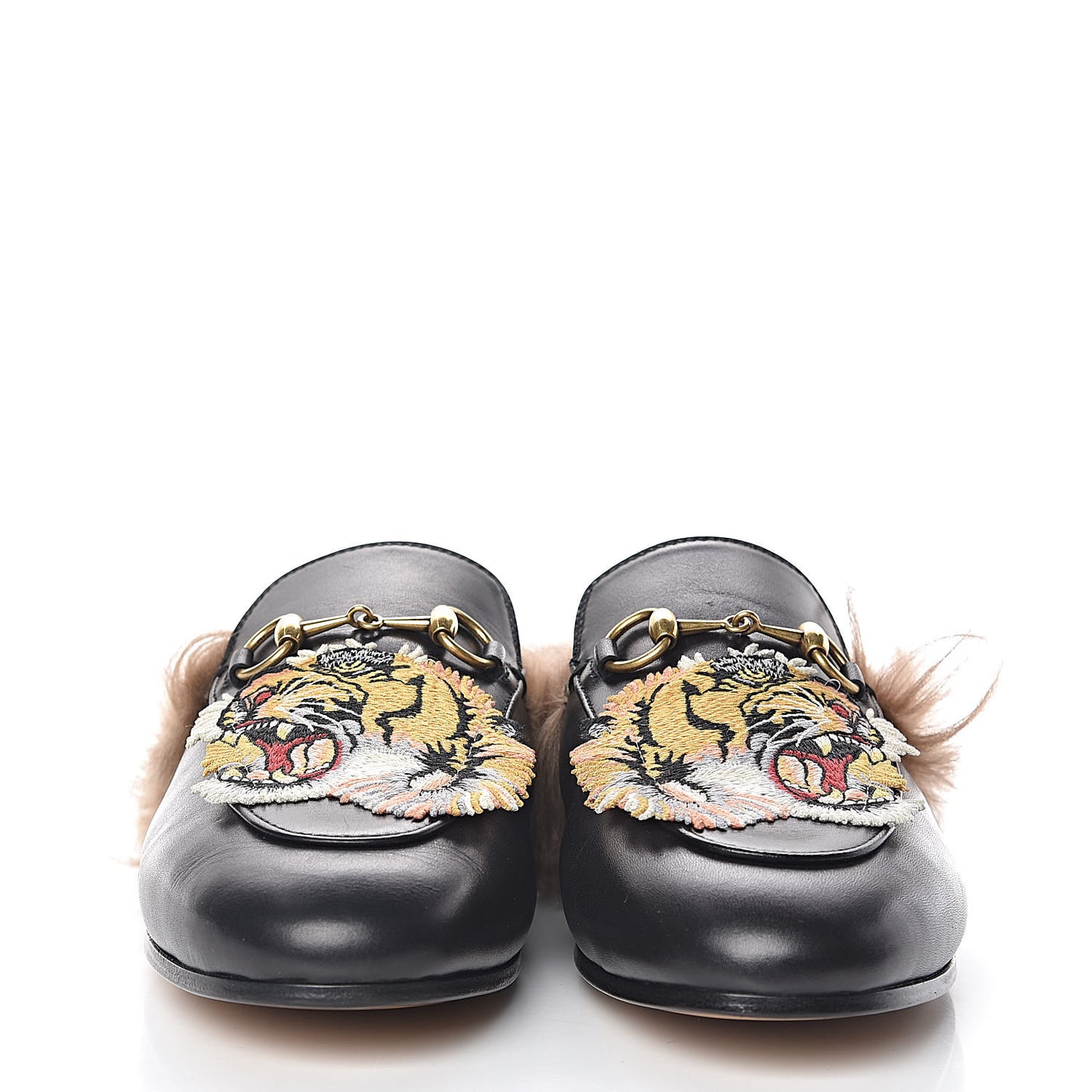 Calfskin Lambswool Tiger Embroidered Womens Princetown Slippers 37 Black