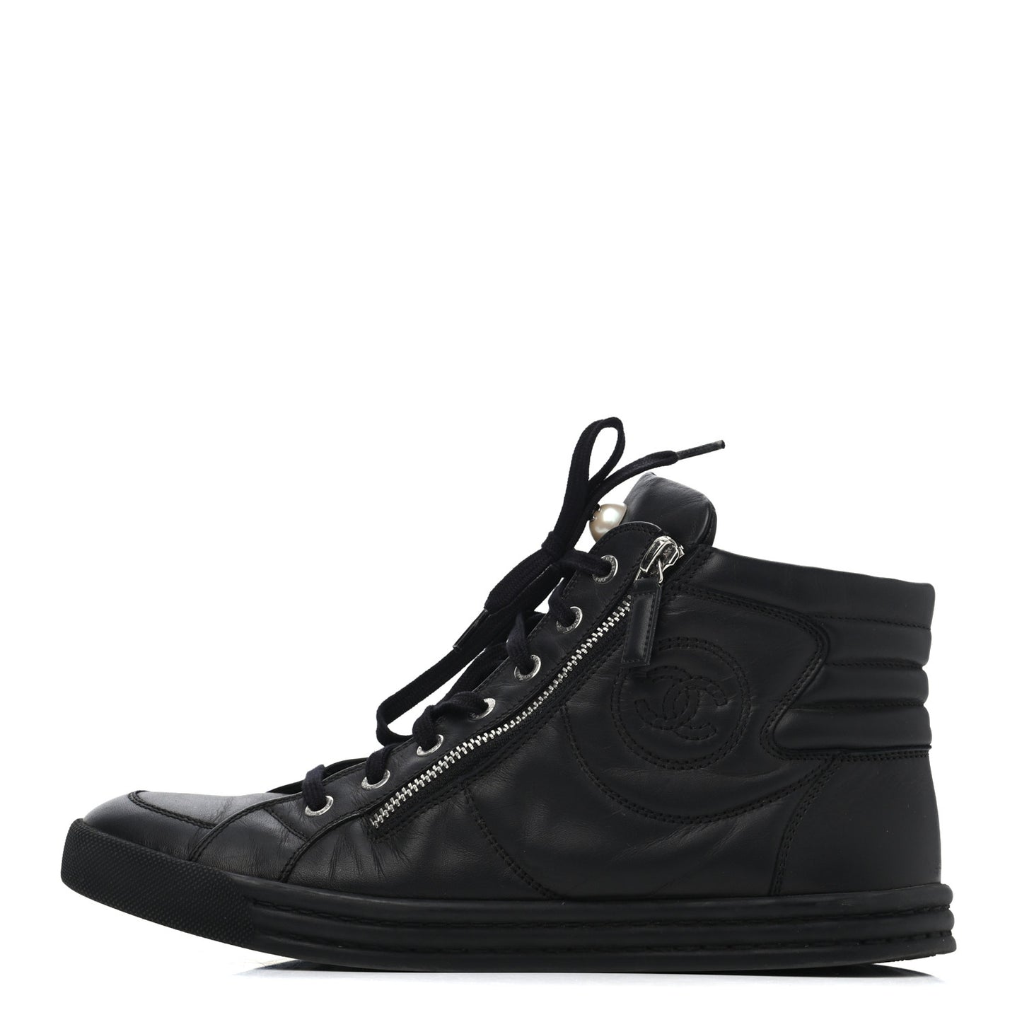 Calfskin Pearl High Top CC Sneakers 40 Black