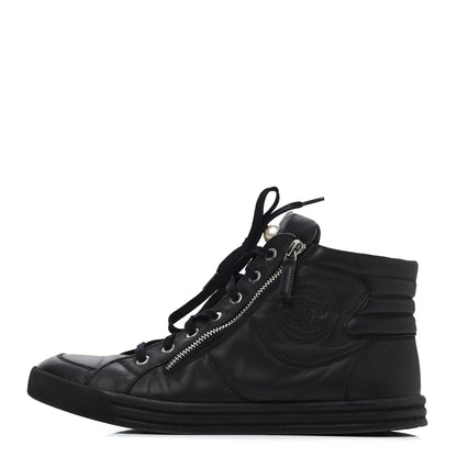 Chanel Calfskin Pearl High Top CC Sneakers 40 Black 1 of 4