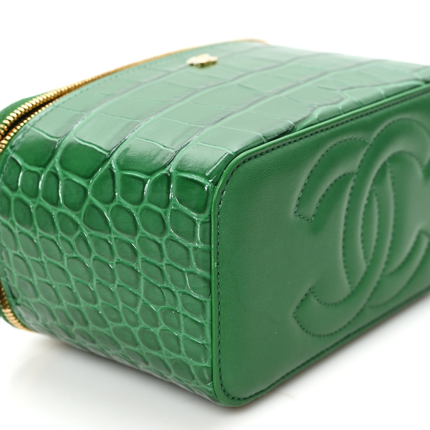 Calfskin Crocodile Embossed Exoticoco Small Top Handle Vanity Case With Chain Emerald
