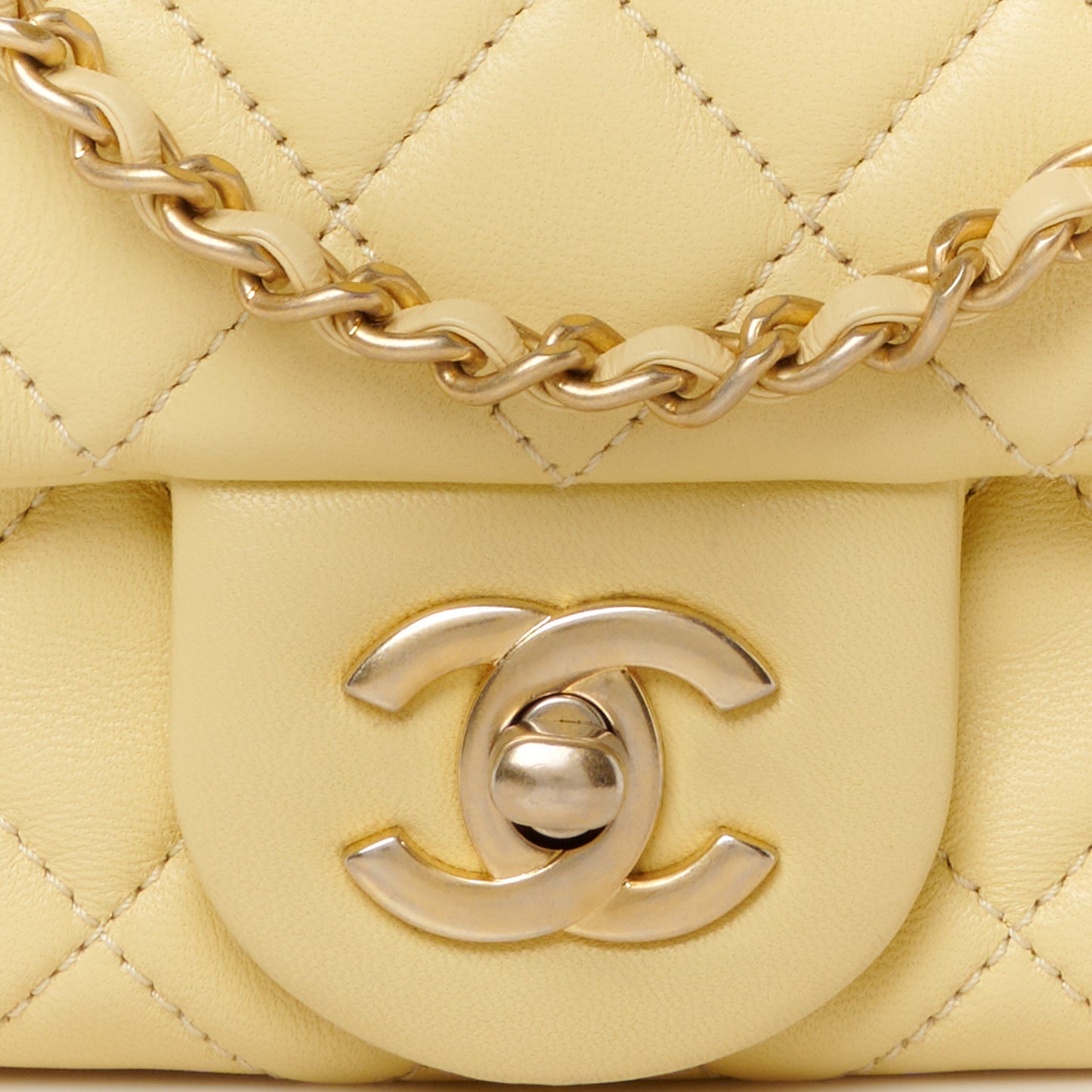 Lambskin Quilted Mini Rectangular Pearl Crush Flap Light Yellow