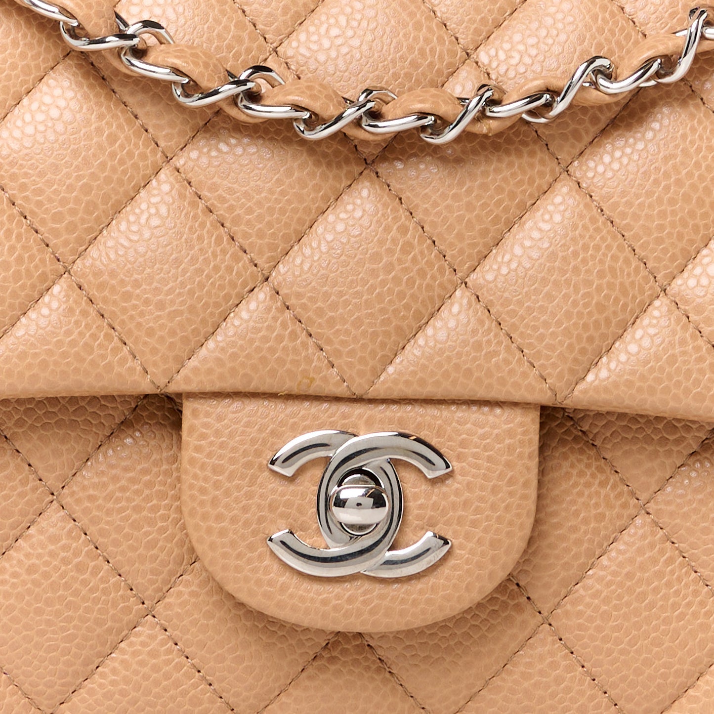 Caviar Quilted Medium Double Flap Beige