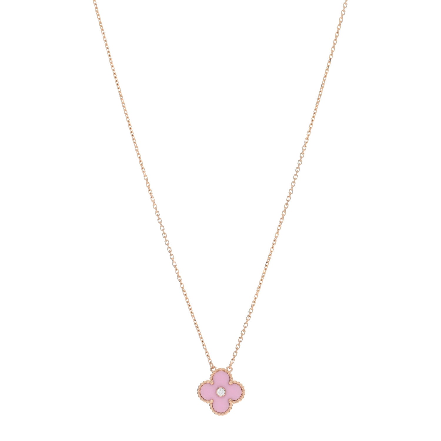Van Cleef & Arpels 18K Rose Gold Diamond Pink Porcelain Vintage Alhambra Pendant Necklace 1 of 4