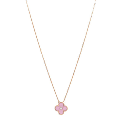 Van Cleef & Arpels 18K Rose Gold Diamond Pink Porcelain Vintage Alhambra Pendant Necklace 1 of 4