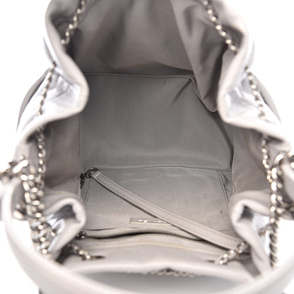 Chanel Grained Calfskin Quilted Medium CC Chain Bucket Drawstring Bag Light Grey 5 of 15