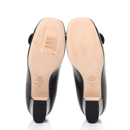 Chanel Lambskin Patent Calfskin Pearl Camellia Cap Toe Pumps 37 Black 6 of 11