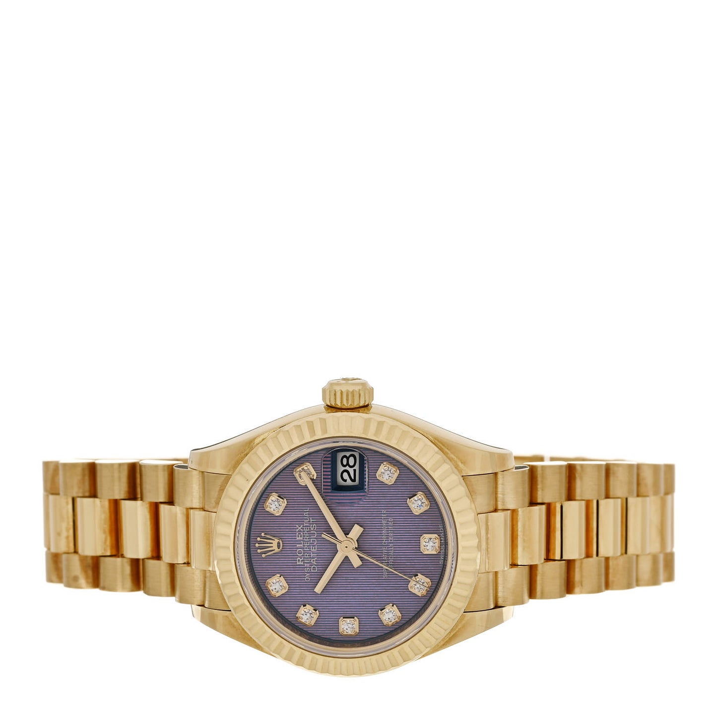 18K Yellow Gold Diamond 28mm Datejust President Watch Lavender Tapestry 279178