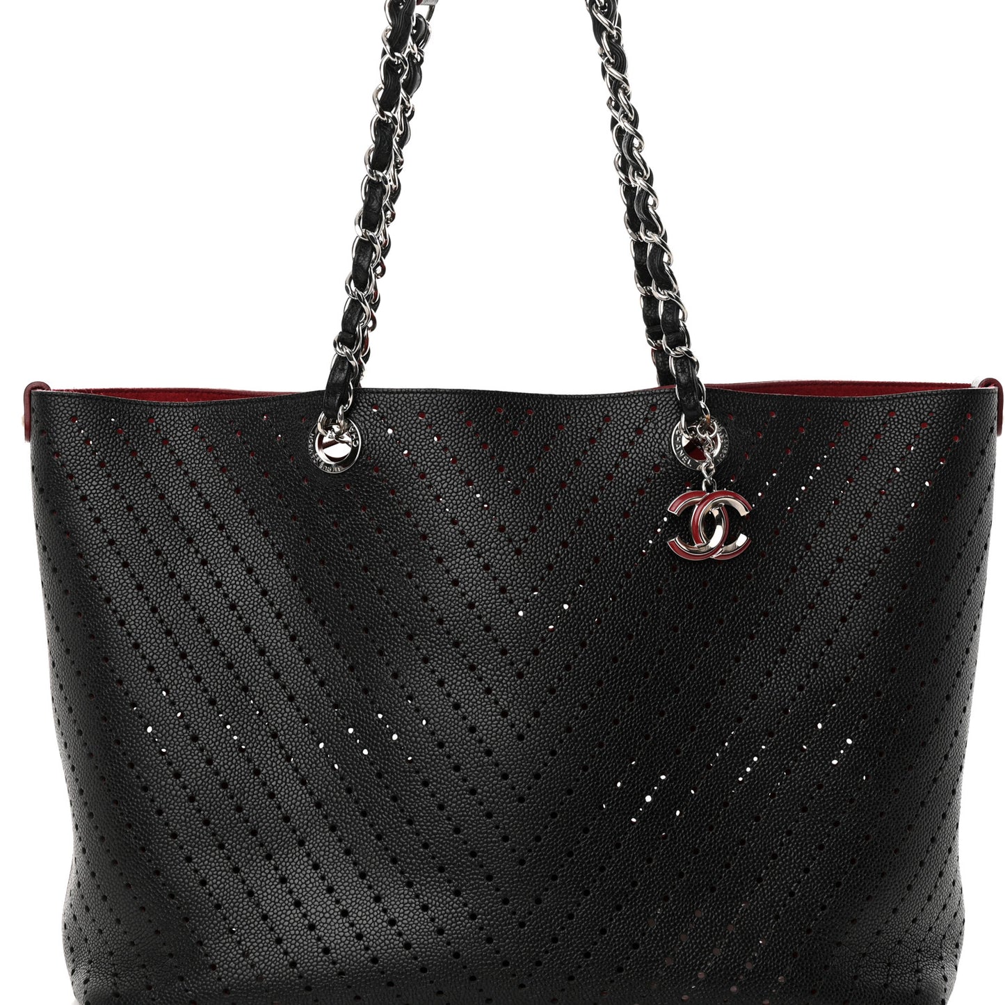 Perforated Grained Calfskin Large Shopping Tote Black